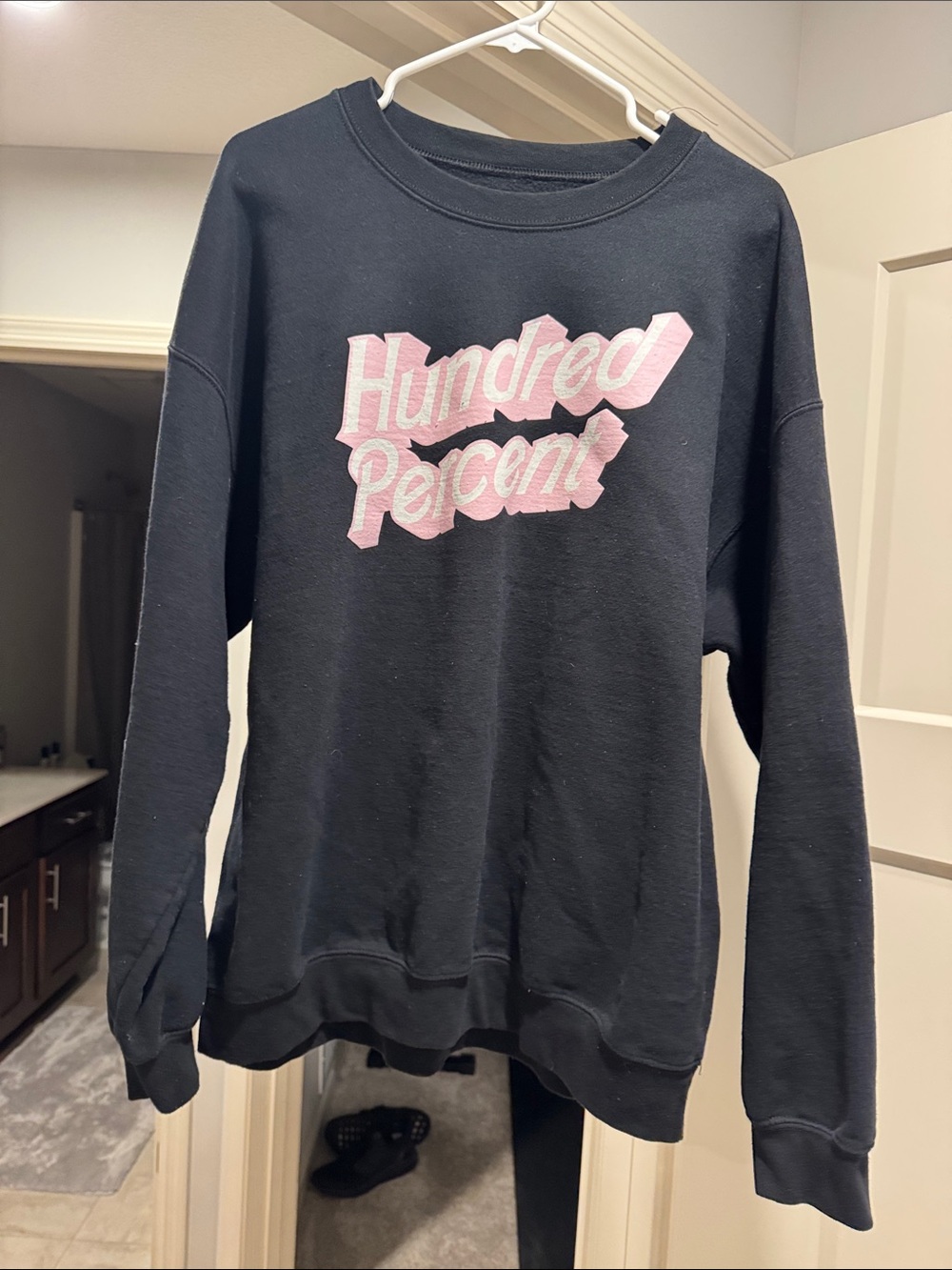 Black Crewneck Sweatshirt with Pink "Hundred Percent" Graphic